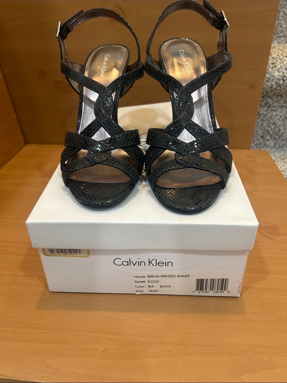 Calvin Klein Black Snake-Print Strappy Heels
